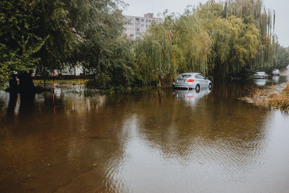 Two workers are engaged in rubbish removal amid flooding, with one standing in a floodwater holding a white bag and the other partly submerged near an industrial or construction vehicle. The vehicle,